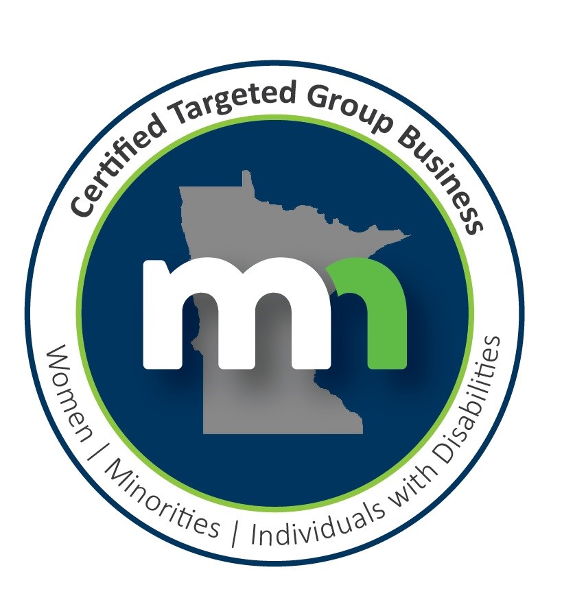 Logo with text: "Certified Targeted Group Business." Includes a map silhouette and "mn" letters, with a focus on business diversity.